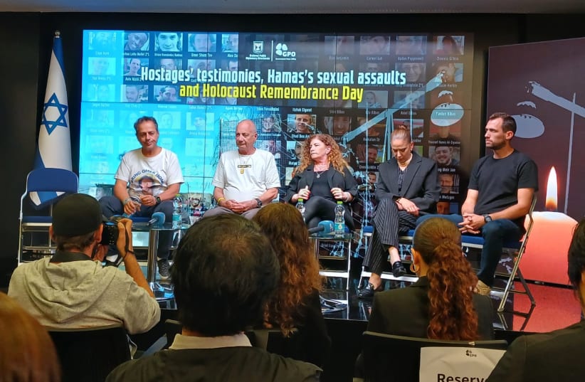  Released hostages and families of hostages at a panel. From left Malki Shem-Tov, Louis Har, Merav Tal, Chen Goldstein-Almog, Moshe Or. (photo credit: EVE YOUNG)
