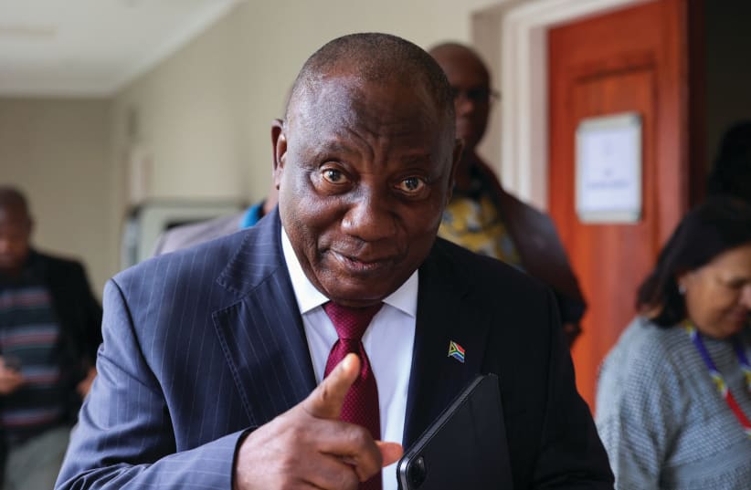  SOUTH AFRICAN President Cyril Ramaphosa gives a thumbs-up gesture at a meeting of the African National Congress party’s National Executive Committee, in Johannesburg, after a session in the case against Israel at the International Court of Justice at The Hague, in January.  (photo credit: Alet Pretorius/Reuters)