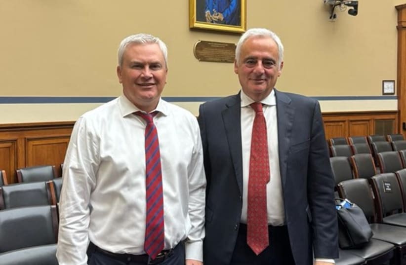  Dr. Charles Asher Small, Executive Director of the Institute for the Study of Global Antisemitism and Policy and Representative James Comer in the Congressman Elijah Cummings Committee hearing room at the United States House of Representatives, May 7, 2024. (photo credit: ISGAP)