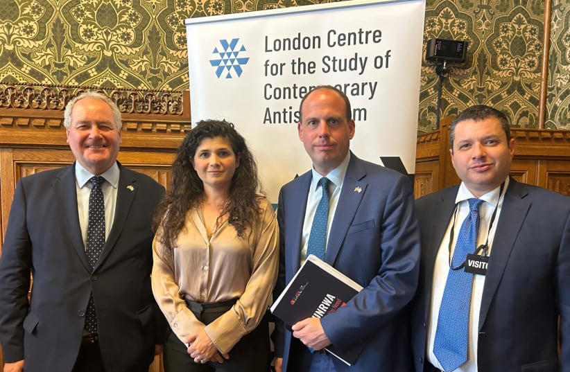  MK Sharren Haskel meeting with British officials to discuss the collaboration between UNRWA and Hamas, May 8, 2024. (photo credit: Courtesy)