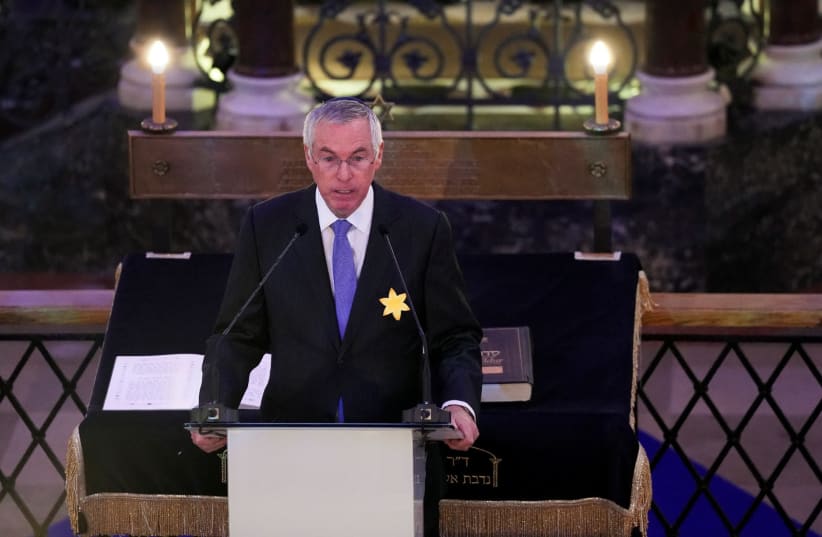  Israeli Ambassador to U.S. Michael Herzog takes part in the commemoration of the 80th anniversary of the Warsaw Ghetto Uprising, at the Nozyk Synagogue in Warsaw, Poland, April 19, 2023.  (photo credit: REUTERS/ALEKSANDRA SZMIGIEL)