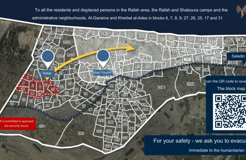  Map showing evacuation zones in Gaza, May 11, 2024. (photo credit: IDF)