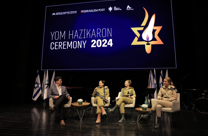  A panel of lone soldiers at the 2024 Remembrance Day event at the Museum of Tolerance Jerusalem. (photo credit: ZIV SHIMSHON)