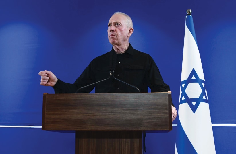  DEFENSE MINISTER Yoav Gallant speaks during a press conference at the Kirya military headquarters in Tel Aviv on Wednesday in which he challenged Prime Minister Benjamin Netanyahu. (photo credit: TOMER NEUBERG/FLASH90)