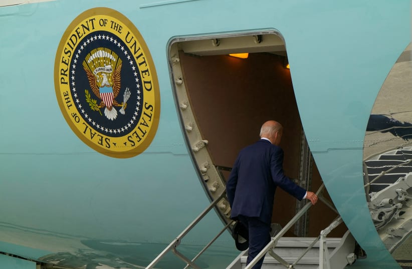  U.S. President Joe Biden boards Air Force One en route to Detroit, Michigan, from Hartsfield-Jackson Atlanta International Airport in Atlanta, Georgia, U.S., May 19, 2024. (photo credit: Elizabeth Frantz/Reuters)