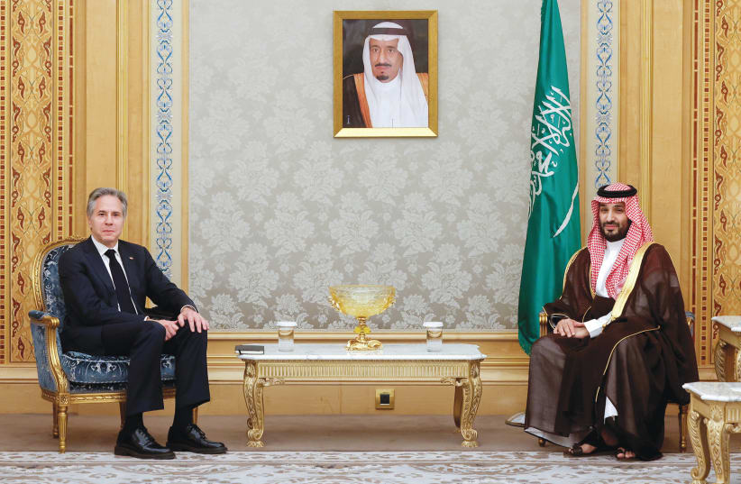  US SECRETARY of State Antony Blinken meets with Saudi Crown Prince and Prime Minister Mohammed bin Salman in Riyadh, last month.  (photo credit: EVELYN HOCKSTEIN/REUTERS)