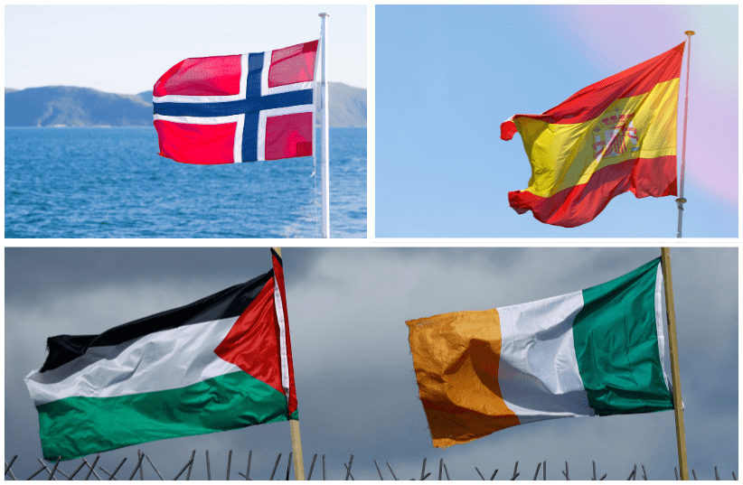  From top left: The flags of Norway, Spain, Palestine and the Republic of Ireland (illustrative) (photo credit: INGIMAGE PICTURES, REUTERS)