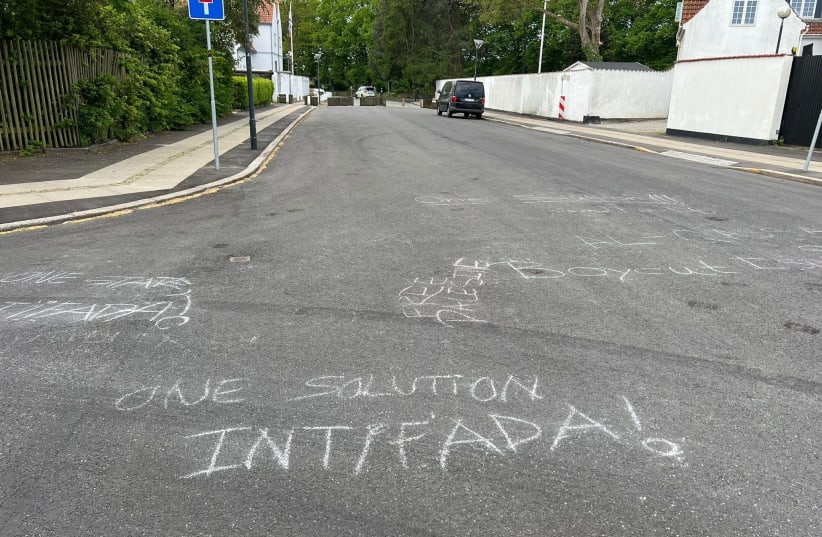 "One solution, intifada!" read a chalk message. May 21, 2024. (photo credit: Israeli embassy in Denmark)