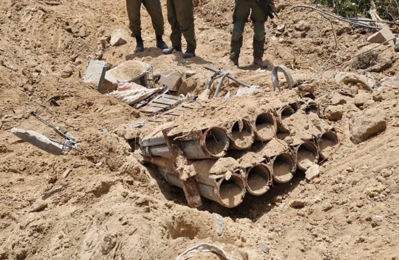 Photo of rocket launchers found by the IDF in Jabaliya in northern Gaza on May 22, 2024. (photo credit: IDF SPOKESPERSON'S UNIT)