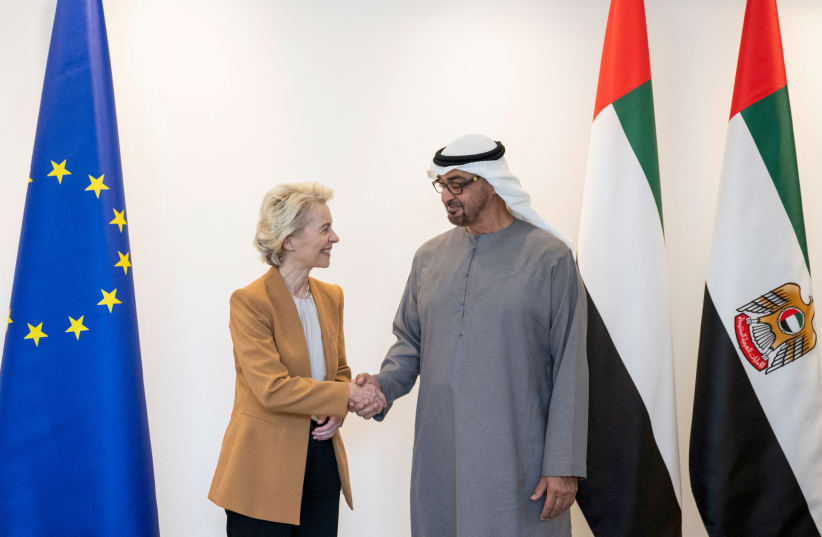  Sheikh Mohamed bin Zayed Al Nahyan, President of the United Arab Emirates shakes hands with Ursula von der Leyen, President of the European Commission in Abu Dhabi, United Arab Emirates, September 7, 2023. (photo credit: VIA REUTERS)