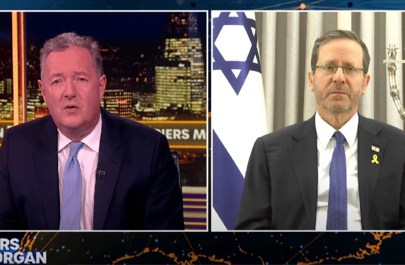  Piers Morgan interviewing President Isaac Herzog over Israel's conduct during the war in Gaza, May 22, 2024. (photo credit: screenshot)