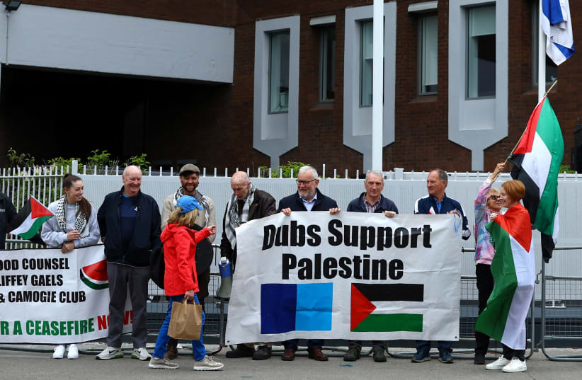  Demonstrators in support of Palestinians stand outside the Israeli embassy after Ireland has announced it will recognise a Palestinian state, in Dublin, Ireland, May 22, 2024 (photo credit: REUTERS/MOLLY DARLINGTON)