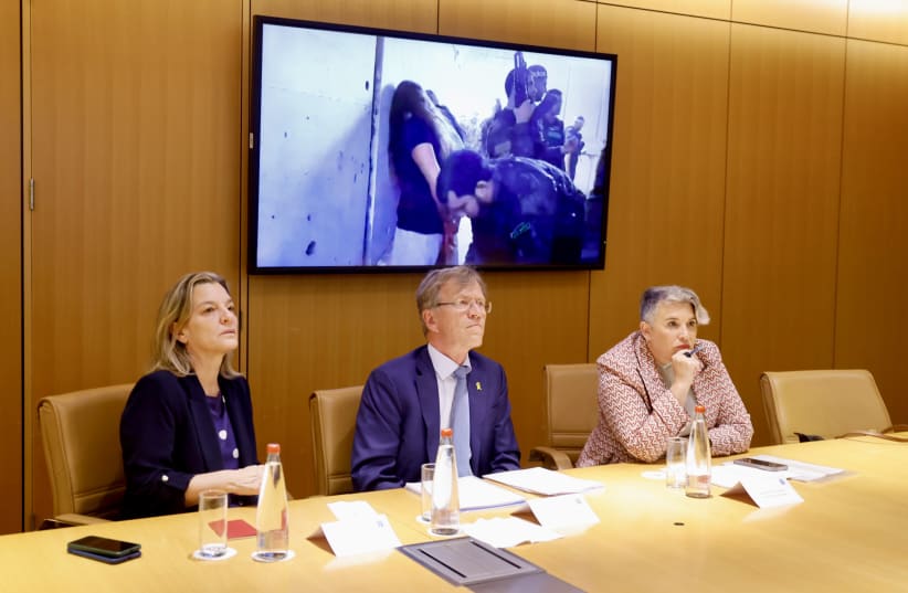  Envoys of Ireland, Spain and Norway watch the October 7 horror film released on Wednesday, on May 23, 2024 (photo credit: MARC ISRAEL SELLEM/THE JERUSALEM POST)
