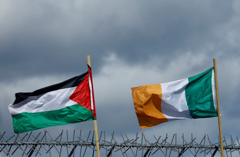  Banderas de Palestina e Irlanda ondean una junto a la otra sobre el Muro Internacional en apoyo a Gaza, en medio del actual conflicto entre Israel y el grupo islamista palestino Hamás, en Belfast, Irlanda del Norte, 29 de marzo de 2024. (photo credit: Clodagh Kilcoyn/Reuters)