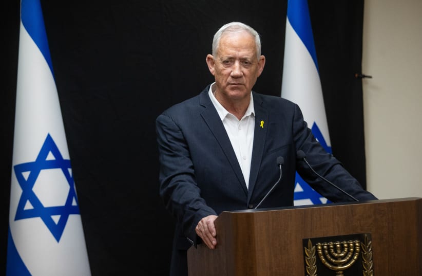  Head of the National Unity party Minister Benny Gantz holds a press conference at the Knesset, the Israeli parliament in Jerusalem, April 21, 2024.  (photo credit: OREN BEN HAKOON/FLASH90)