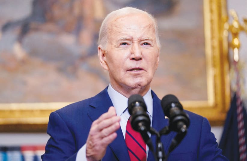  US PRESIDENT Joe Biden speaks at the White House earlier this month. US policy toward Israel since its founding has been to prevent Israel from gaining as complete a victory as possible over its enemies, the writer maintains.  (photo credit: Nathan Howard/Reuters)