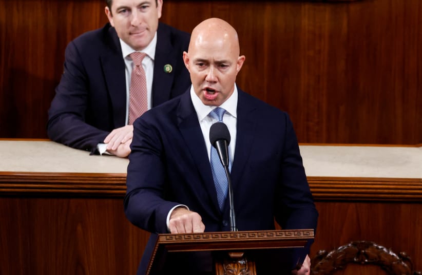 US Rep. Brian Mast (R-FL) nominates Rep. Kevin McCarthy for House Speaker prior to an 8th round of voting on the third day of the 118th Congress at the US Capitol in Washington, January 5, 2023. (photo credit:  REUTERS/Jonathan Ernst/Pool)