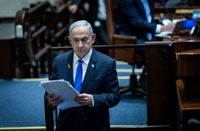  Prime Minister Benjamin Netanyahu seen at the plenum hall of the Knesset, the Israeli parliament in Jerusalem, on May 27, 2024 (photo credit: YONATAN SINDEL/FLASH90)