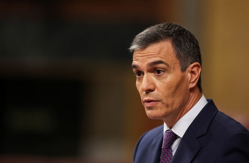  Spanish Prime Minister Pedro Sanchez speaks during a plenary session of the lower house of the Spanish parliament, in Madrid, Spain, May 22, 2024. (photo credit: Violeta Santos Moura/Reuters)