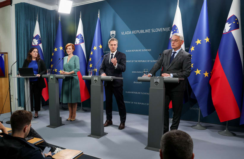  Slovenian Prime Minister Robert Golob, Culture Minister Asta Vrecko and Economy Minister Matjaz Han attend a press conference about the recognition of the Palestinian state, in Ljubljana, Slovenia May 30, 2024.  (photo credit: REUTERS/BORUT ZIVULOVIC)