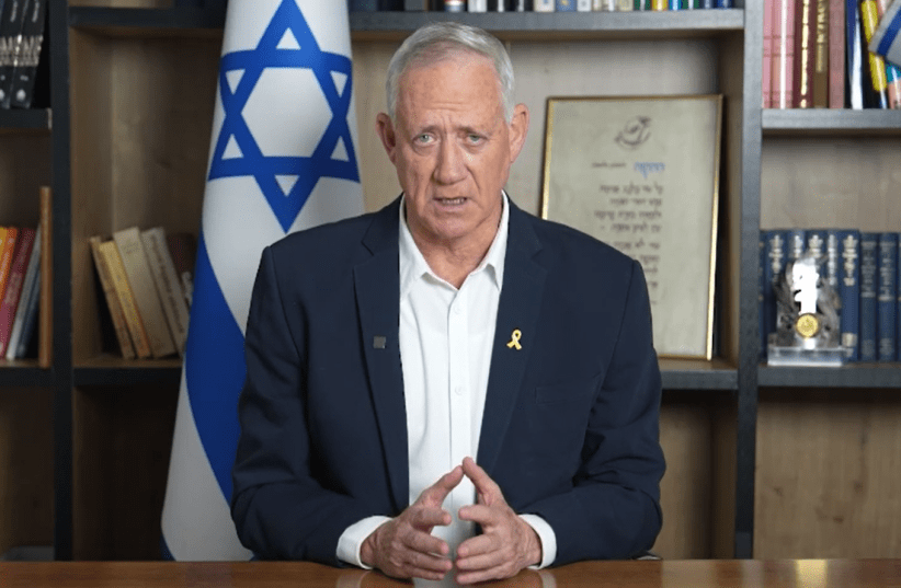  Minister-without-portfolio Benny Gantz makes an announcement about the haredi draft law hearing, June 2, 2024. (photo credit: National Unity Party)