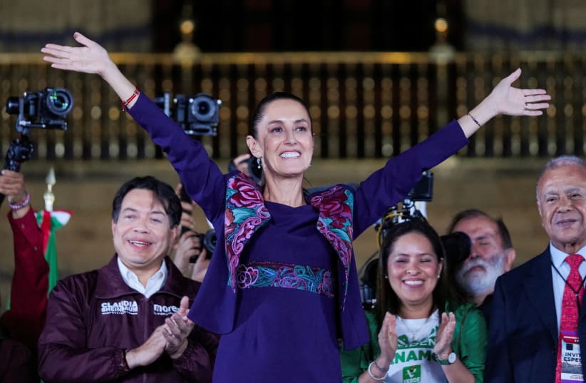  Presidential candidate of the ruling Morena party Claudia Sheinbaum, gestures while addressing her supporters after winning the presidential election, at Zocalo Square in Mexico City, Mexico June 3, 2024. (photo credit: REUTERS/ALEXANDRE MENEGHINI)