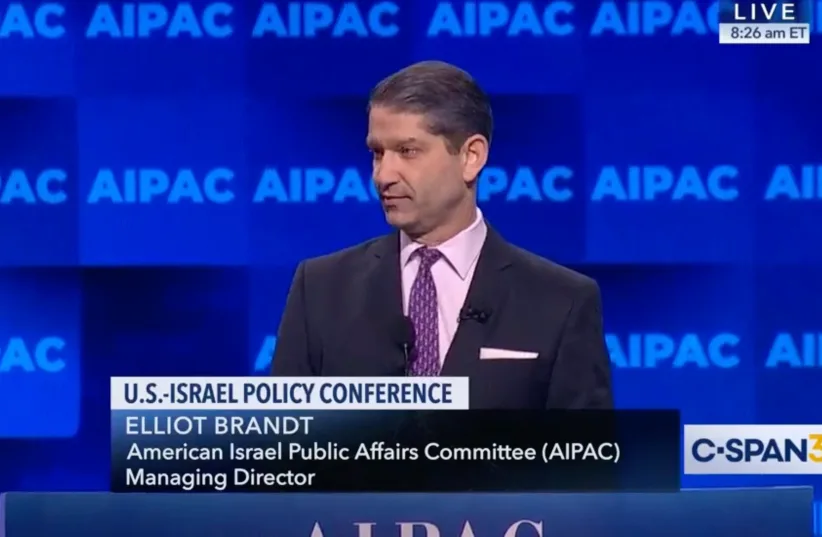 Elliot Brandt, speaking at AIPAC's 2019 conference in Washington, D.C. (photo credit: screenshot)