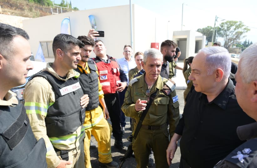  Prime Minister Benjamin Netanyahu visits Kiryat Shmona during a situational assessment of escalating tensions with Hezbollah in Israel's North, June 5, 2024 (photo credit: AMOS BEN-GERSHOM/GPO)
