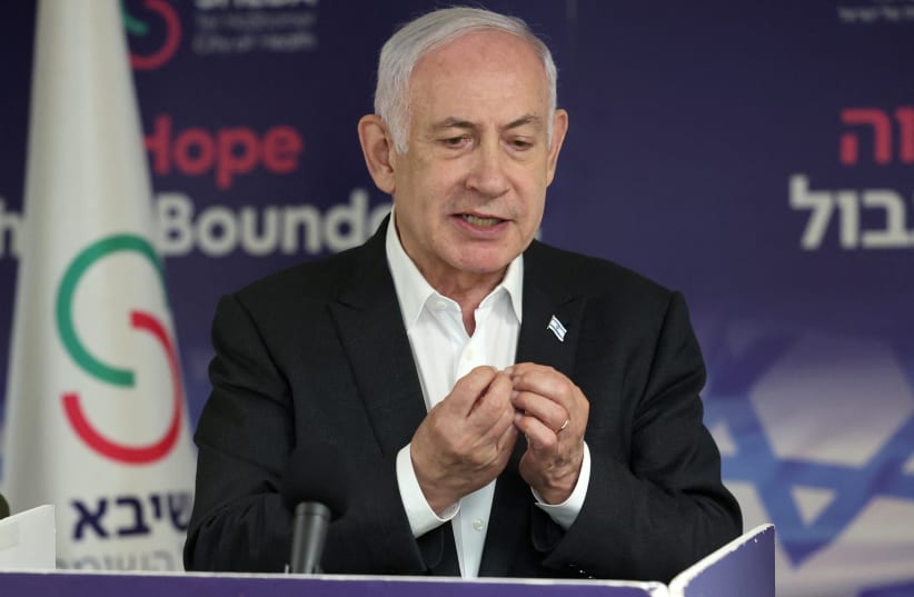  Prime Minister Benjamin Netanyahu speaks during a press conference at Sheba Medical Center, in Ramat Gan on June 8, 2024 (photo credit: Jack Guez/Pool via Reuters)