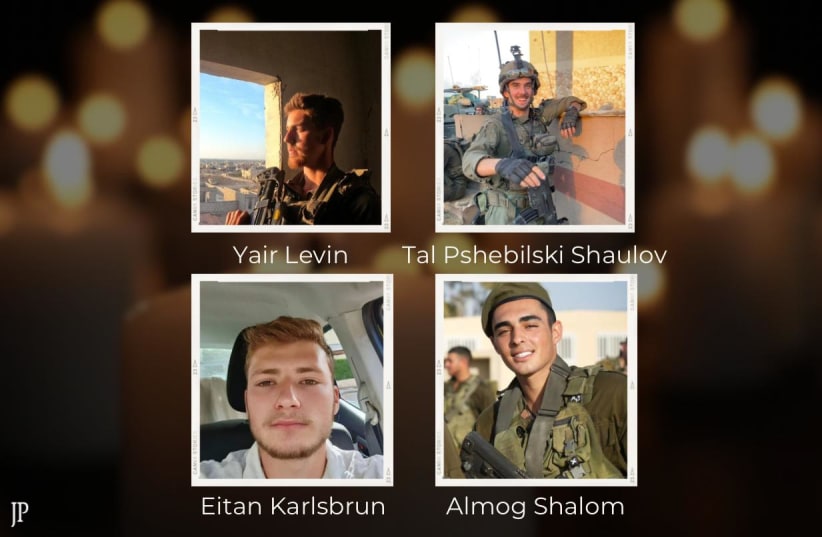  Yair Levin, Tal Pshebilski Shaulov,  Eitan Karlsbrun, and Almog Shalom, four Givati soldiers who were killed in Rafah in the Gaza Strip. (photo credit: IDF SPOKESPERSON UNIT)