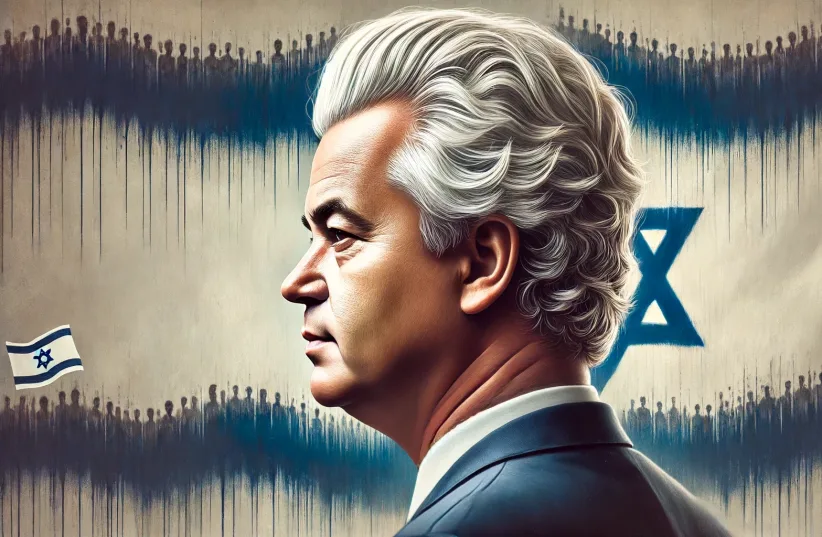 A detailed digital painting of Geert Wilders, a 60-year-old Dutch politician with distinctive silver hair, shown from the side and very close up.  (photo credit: Illustration. DALL·E)