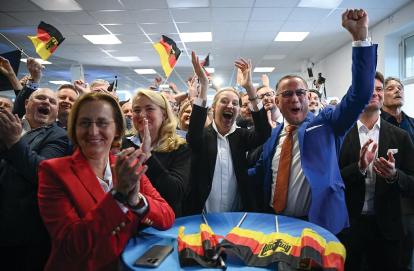  PARTIES ON the Right and far Right that are supportive of Israel gained seats in the recent European parliamentary elections, but that could prove to be a mixed blessing. Here, Alternative for Germany (AfD) Party co-leaders Alice Weidel and Tino Chrupalla react to results in Berlin. (photo credit: Annegret Hilse/Reuters)