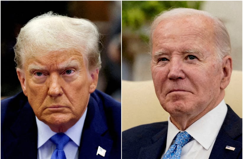  : Combination picture showing former U.S. President Donald Trump attending the Trump Organization civil fraud trial, in New York State Supreme Court in the Manhattan borough of New York City, U.S., November 6, 2023 and U.S. President Joe Biden participating in a meeting with Italy's Prime Minister  (photo credit: REUTERS/Brendan McDermid and Elizabeth Frantz//File Photo)