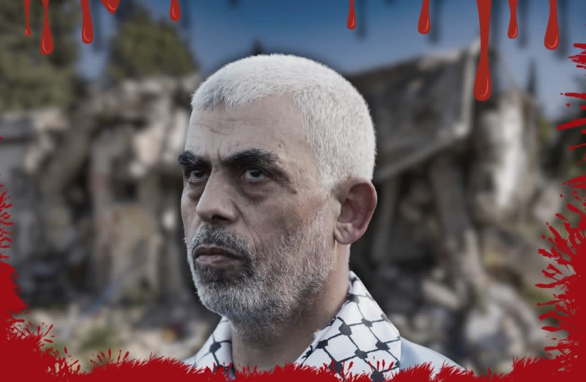 Hamas leader Yahya Sinwar in front of ruins from the October 7 massacre, with a bloody border (illustrative) (photo credit: REUTERS/FLASH90)