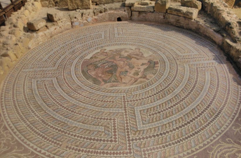 Mosaic of a Labyrinth with a depiction of Theseus fighting the Minoan Minotaur. (photo credit: Wikimedia Commons)