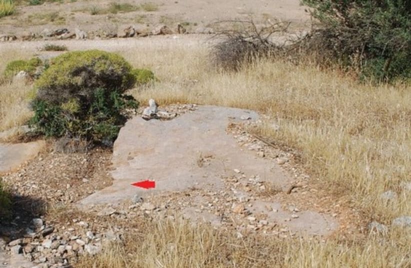  Patch of bedrock where the graffito is located (arrow); the earthen road is visible in the background. (photo credit: UNIVERSITY OF CHICAGO PRESS)
