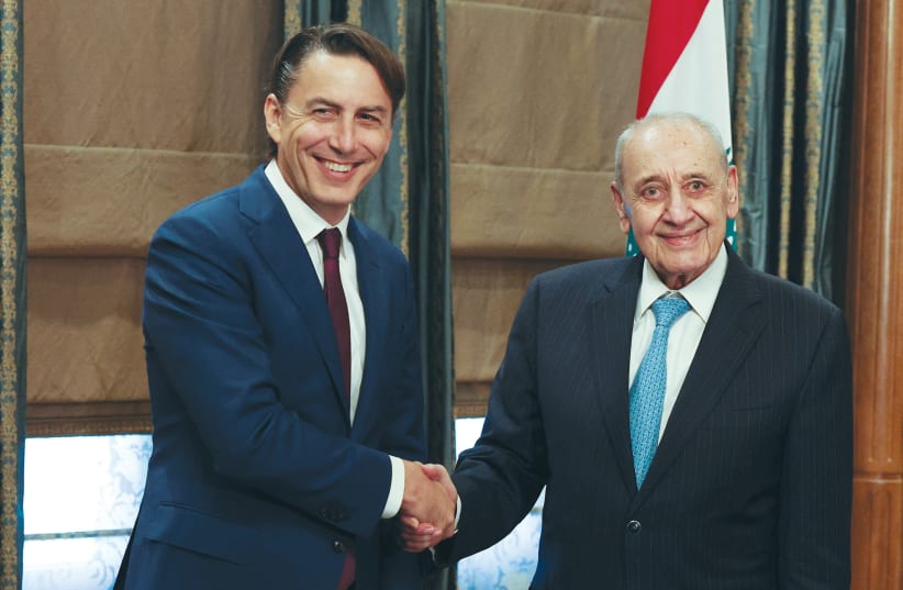  US SPECIAL ENVOY Amos Hochstein (left) meets with Lebanese Parliament Speaker Nabih Berri in Beirut. (photo credit: MOHAMED AZAKIR/REUTERS)