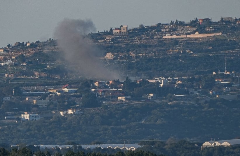  Smoke rises during an exchange of fire between the IDF and terrorists from the Hezbollah organization on the border between Israel and Lebanon, January 7, 2024. (photo credit:  Ayal Margolin/Flash90)