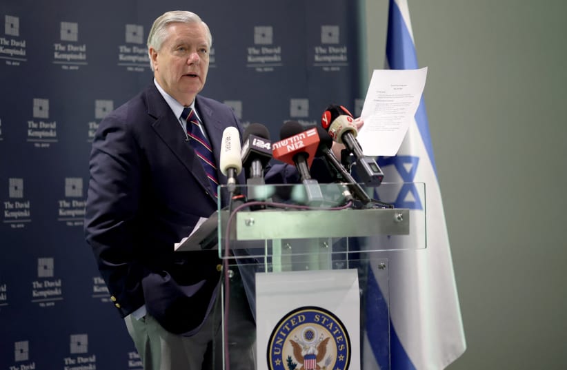 US Senator Lindsey Graham (R-SC) gives a statement to the press, amid the ongoing conflict in Gaza between Israel and the Palestinian Islamist group Hamas, in Tel Aviv, Israel, May 29, 2024. (photo credit: REUTERS/MARKO DJURICA)