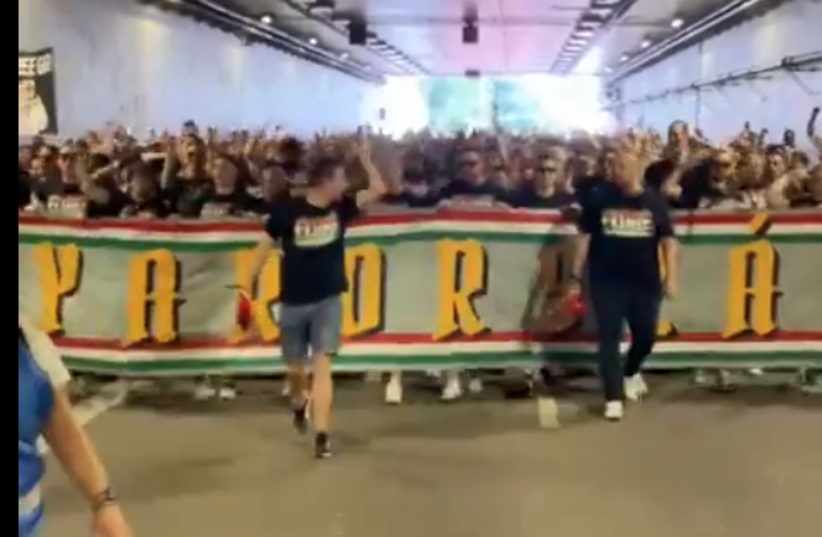  Hungary fans troll the Germans by singing "auslander raus", foreigners out. (photo credit: SCREENSHOT/X)