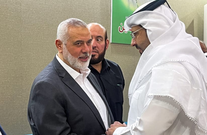 Ismail Haniyeh, top leader of the Palestinian Islamist group Hamas, meets people offering condolences after the killing of three of his sons in an Israeli strike in Gaza City, in Doha, Qatar April 11, 2024.  (photo credit: IBRAHEEM ABU MUSTAFA/REUTERS)