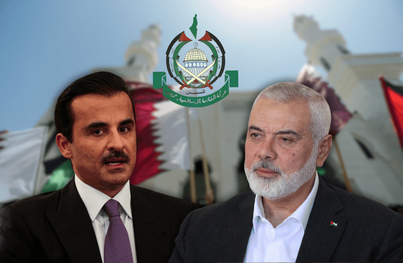  (L-R): Qatar Emir Sheikh Tamim bin Hamad bin Khalifa Al Thani; Hamas leader abroad Ismail Haniyeh. The logo of Hamas is seen.  (photo credit: VIA REUTERS)