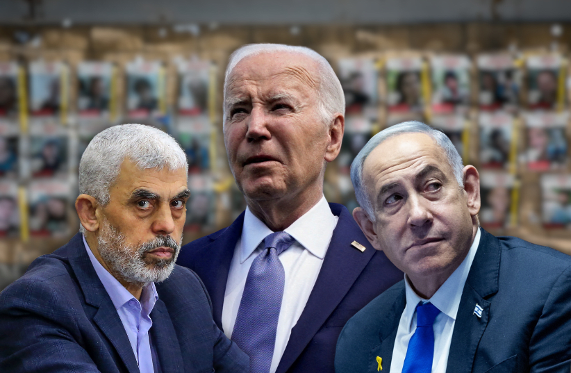  (I-D): Yahya Sinwar, líder de Hamás; Joe Biden, Presidente de Estados Unidos; Benjamin Netanyahu, Primer Ministro. (photo credit: REUTERS/FLASH90)