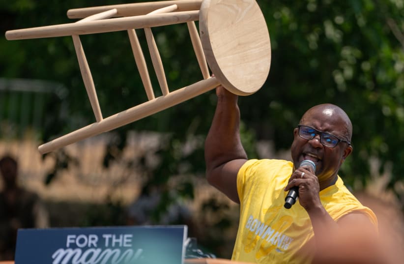  Rep. Jamaal Bowman speaks during a rally at St. Mary's Park on June 22, 2024 in the Bronx, days before he was defeated in the Democratic primary. (photo credit: David Dee Delgado/Getty Images)