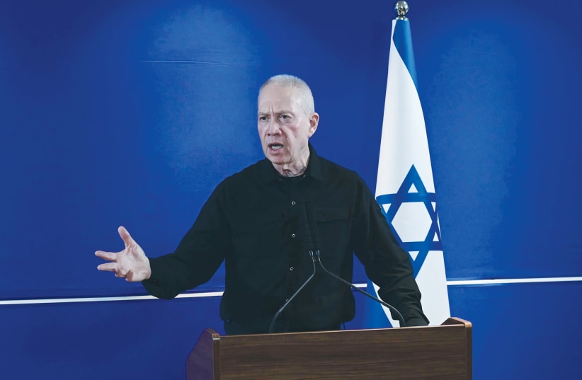  DEFENSE MINISTER Yoav Gallant addresses the media, in Tel Aviv, last month. In his remarks, he emphasized the need for a decision regarding the ‘day after’ to prevent Hamas from regaining power.  (photo credit: TOMER NEUBERG/FLASH90)