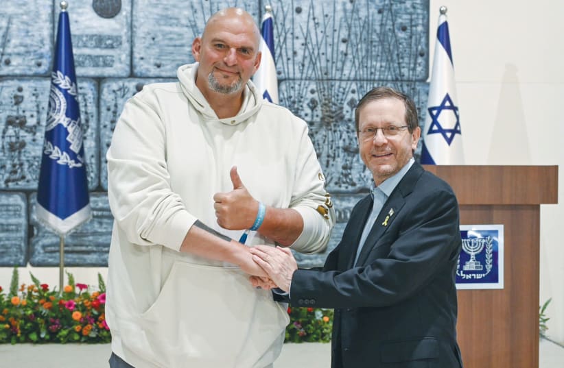  SENATOR JOHN Fetterman (D-Pennsylvania) with President Isaac Herzog, who was genuinely delighted to meet with such a solid supporter of Israel.  (photo credit: Maayan Toaff/GPO)