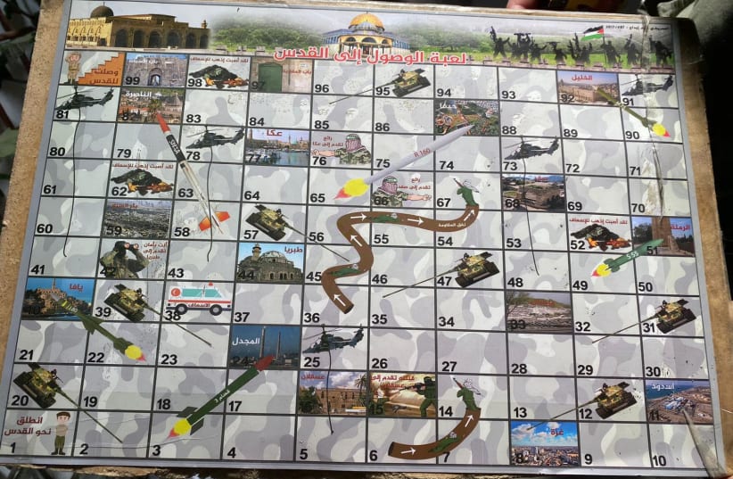 'Snakes and Ladders' board game found in Rafah by IDF soldiers showing pictures of sites in Israel for target. (photo credit: IDF SPOKESMAN’S UNIT)
