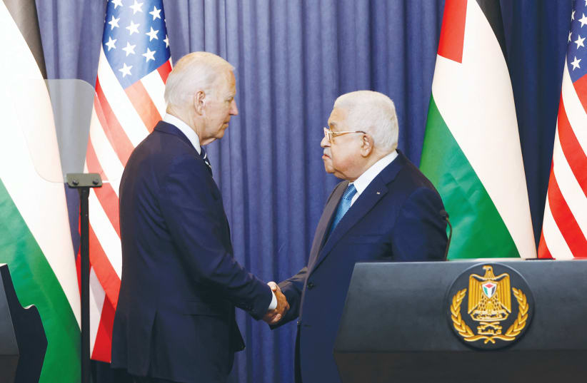  PALESTINIAN AUTHORITY head Mahmoud Abbas and US President Joe Biden meet in Bethlehem, in 2022. It would be reasonable for Biden’s opinion on solutions to the Israeli-Palestinian conflict to change after October 7, but it didn’t, says the writer. (photo credit: MOHAMAD TOROKMAN/REUTERS)