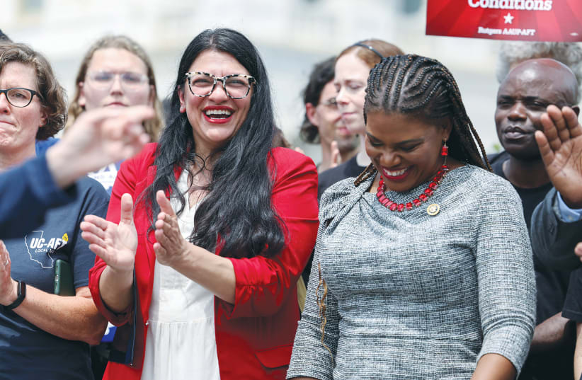  US REP. Rashida Tlaib (left) stands alongside Rep. Cori Bush at a news conference, on Capitol Hill in May 2024, opposing a crackdown on pro-Palestinian protests at college campuses. (photo credit: Amanda Andrade-Rhoades/Reuters)