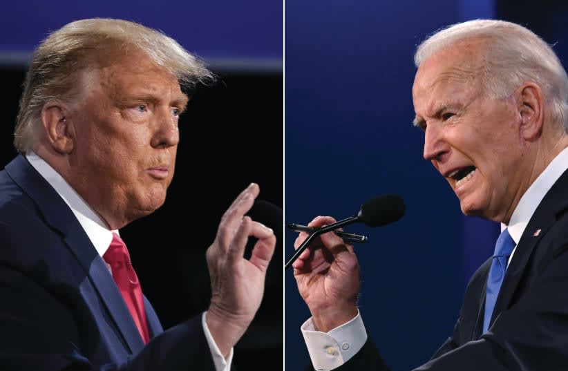  LOS CANDIDATOS DONALD TRUMP y Joe Biden se enfrentan durante el último debate presidencial de esa temporada electoral, el 22 de octubre de 2020. (photo credit: Brendan Smialowski, Jim Watson/AFP via Getty Images)